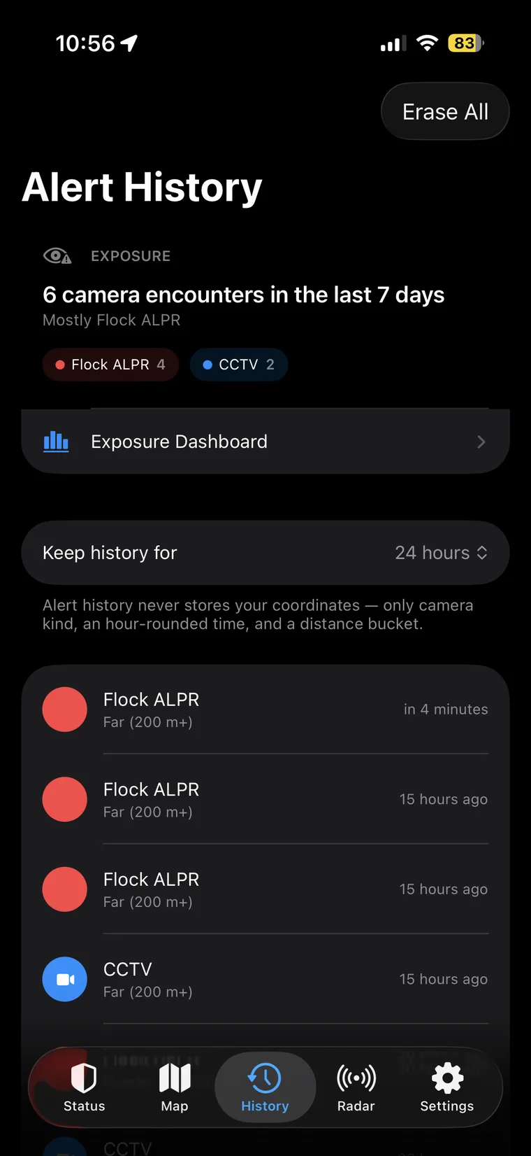 Peripheri alert history and exposure summary, coordinate-free by design