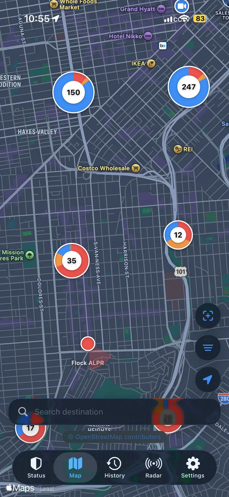 Peripheri map with surveillance cameras clustered by type across San Francisco and a Flock ALPR pin