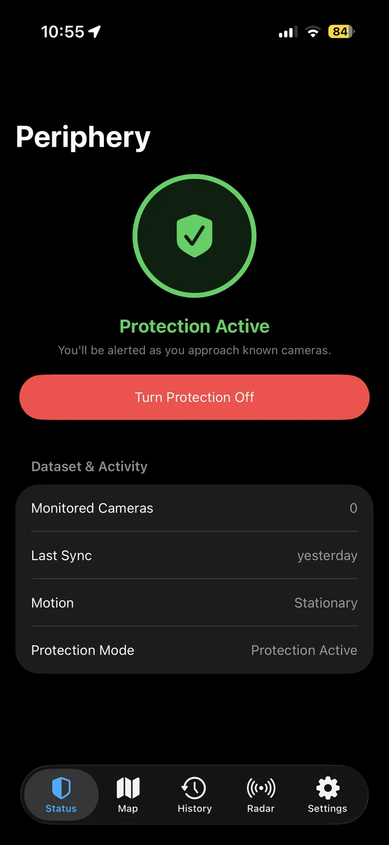 Peripheri status screen showing protection active and on-device dataset activity